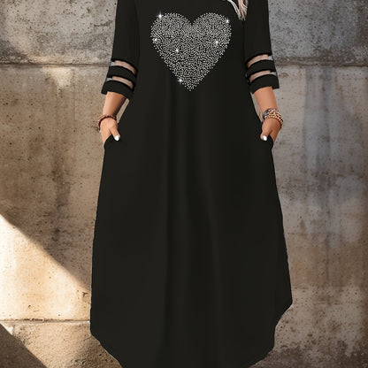 Women's plus size elegant dress with skull embellishment, polyester blend, stretch fabric, net mesh detail, heart pattern, 3/4 sleeve, suitable for all seasons.