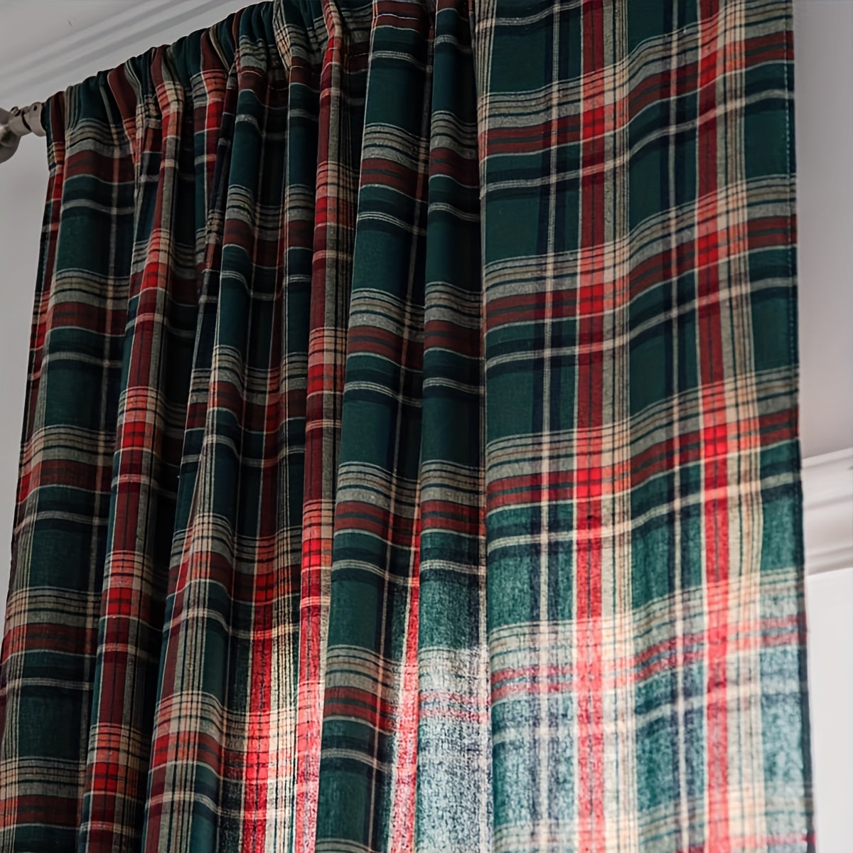 One-piece Green Plaid Christmas Curtain with an American Retro Style, allowing light to pass through, Ideal for creating a festive atmosphere in the bedroom, balcony, and living room. Features an invisible rod for easy installation. Perfect for adding