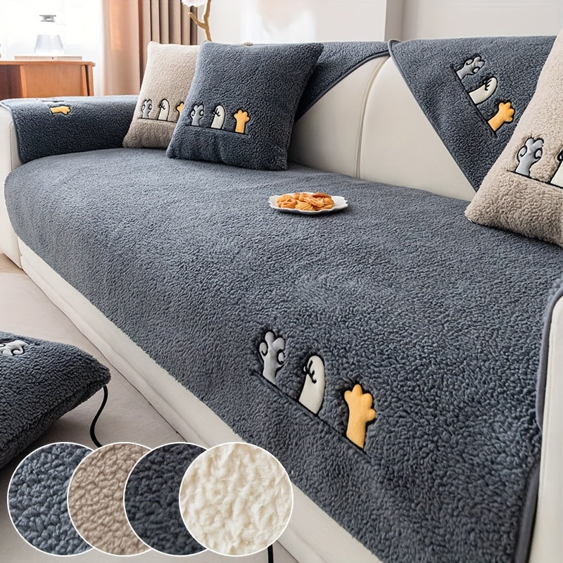 Plush Shearling Sofa Cover with Animal Embroidery - Pet-Friendly, Non-Slip Protector for All Sofa Sizes - Soft Decor for Living Room, Bedroom, Office.