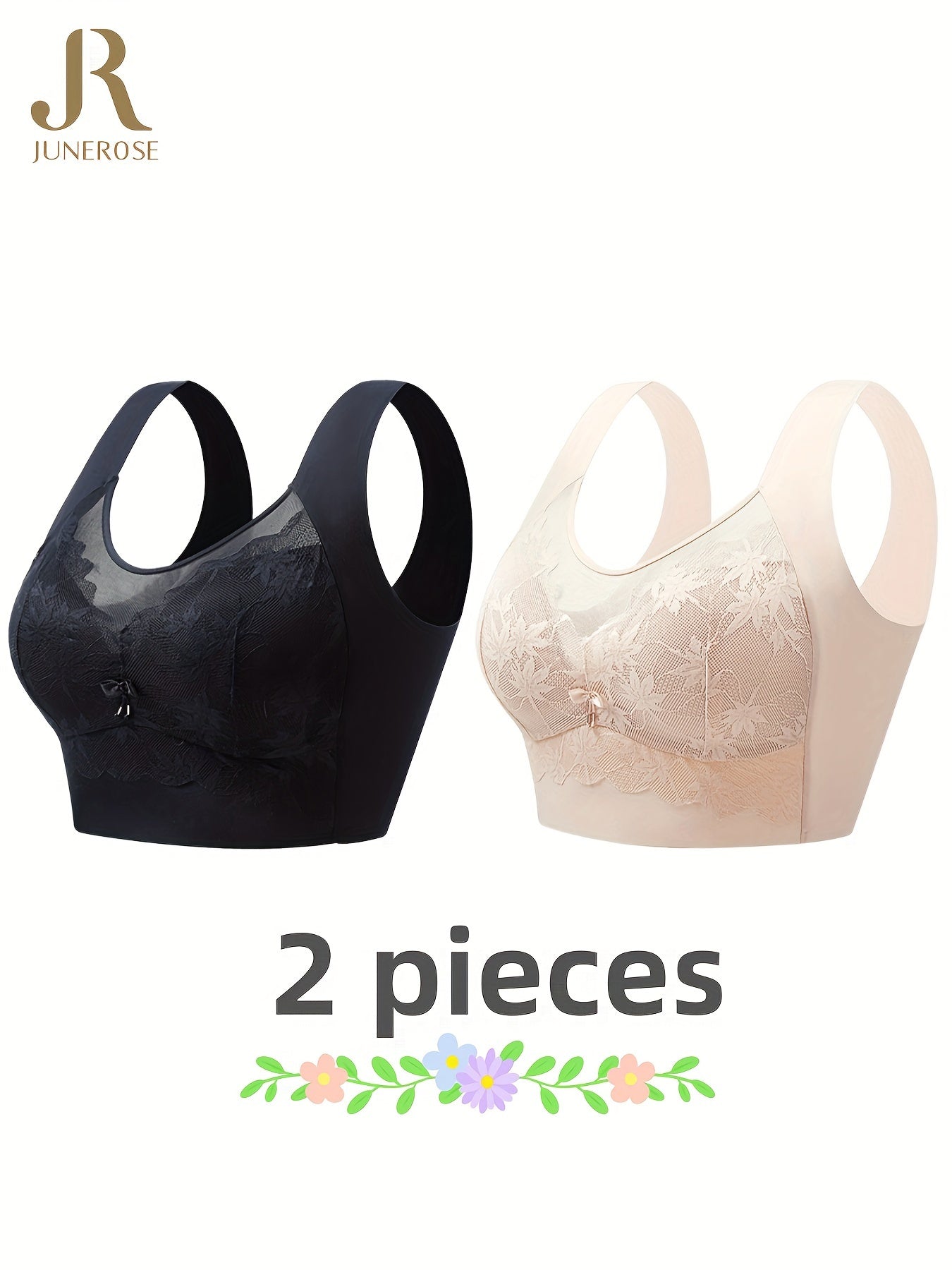 2 elegant lace wireless bras for women in black and beige. Comfortable seamless design with floral print, medium support. Made of nylon and spandex blend.