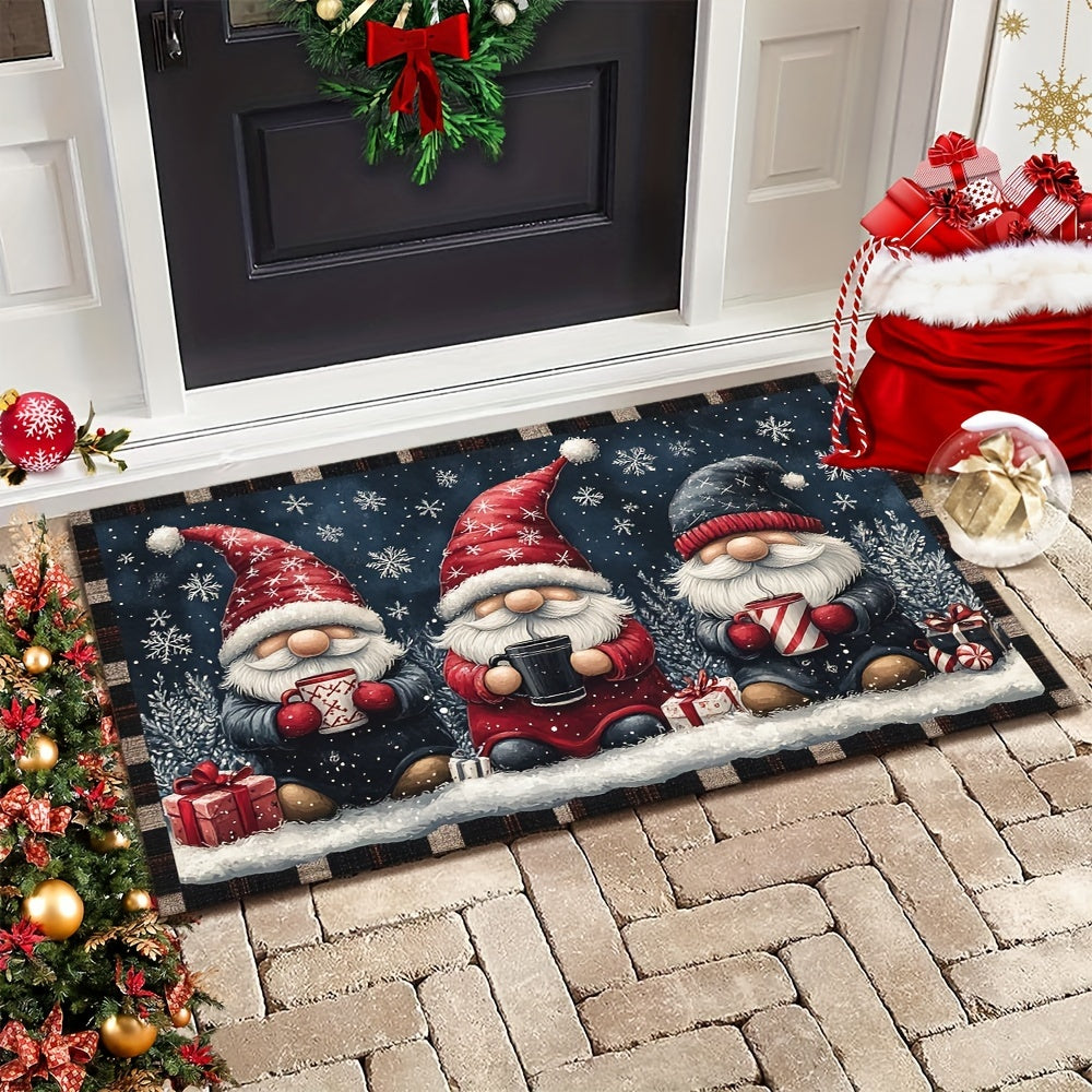 Get into the holiday spirit with the Festive Christmas Gnome Doormat! This non-slip, washable doormat is made of polyester with a rubber backing for durability. Machine-made in a rectangular shape, this welcome mat is perfect for home decor. Lightweight