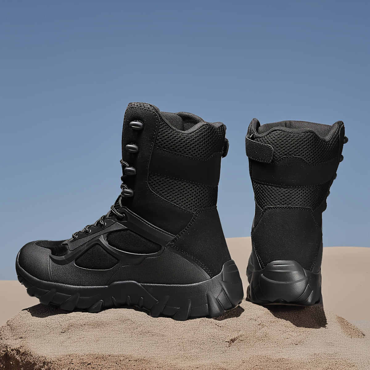 Men's tactical hiking boots with faux upper, PVC sole, fabric inner, zipper and lace closure. Short boot design with round toe, breathable and lightweight for outdoor adventures and daily