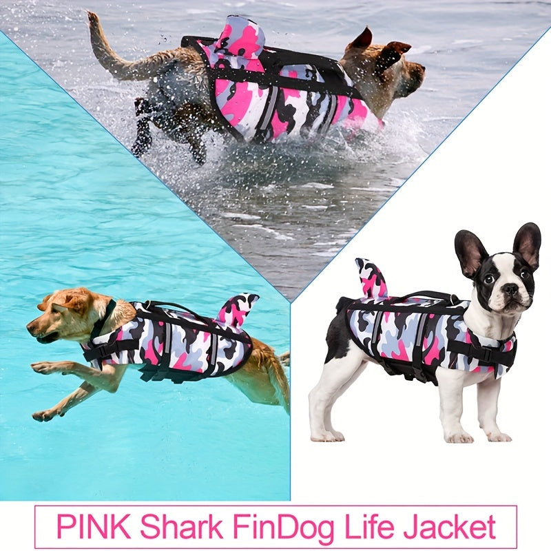 Adjustable lightweight dog life vest with rescue handle, featuring shark design for outdoor surfing and beach activities.