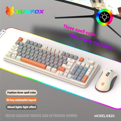 1pc XUNFOX 94-Key Mechanical Gaming Keyboard and Mouse Combo, USB Wired, Lightweight, RGB Backlit, Smart Knob, Ideal for Gamers.