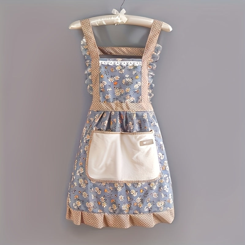 Waterproof floral lace apron with towel pocket; ideal for kitchen, living room, and bathroom.