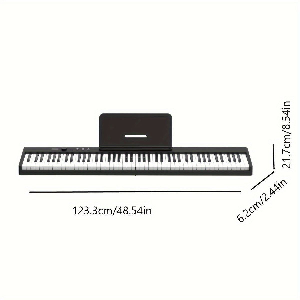 88-Key Electronic Piano in black with 128 rhythms, 128 sounds, and 20 demonstration songs. Portable and suitable for beginners, it fits standard piano size and features LED display. Can be