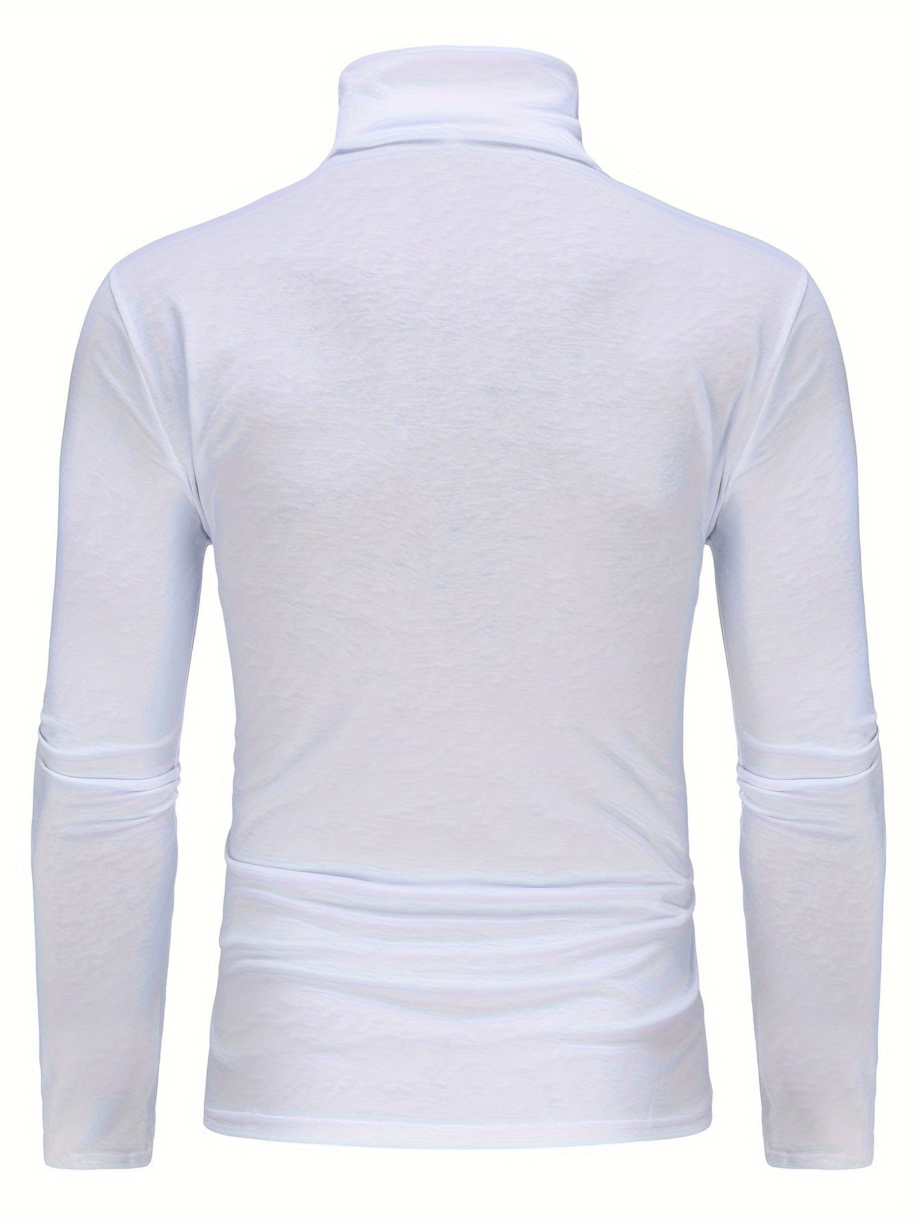 Three men's high neck long sleeve turtleneck t-shirts in solid color, made of polyester knit fabric with medium stretch, perfect for fall/winter.