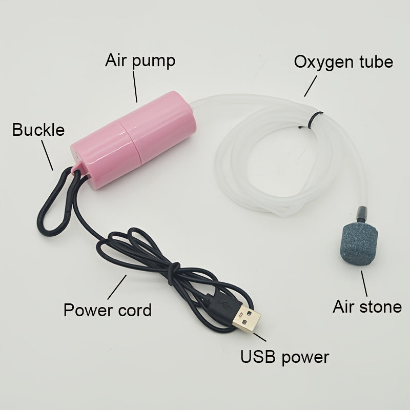 Compact USB aquarium air pump with air stone for fish tanks, available in multiple colors.