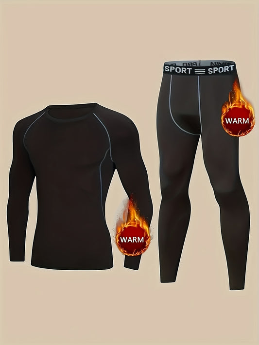 Men's Winter Thermal Underwear Set with Crew Neck Top and Tight Bottoms, made with Polyester (95%) and Spandex (5%) Knit Fabric for Running & Work Out.