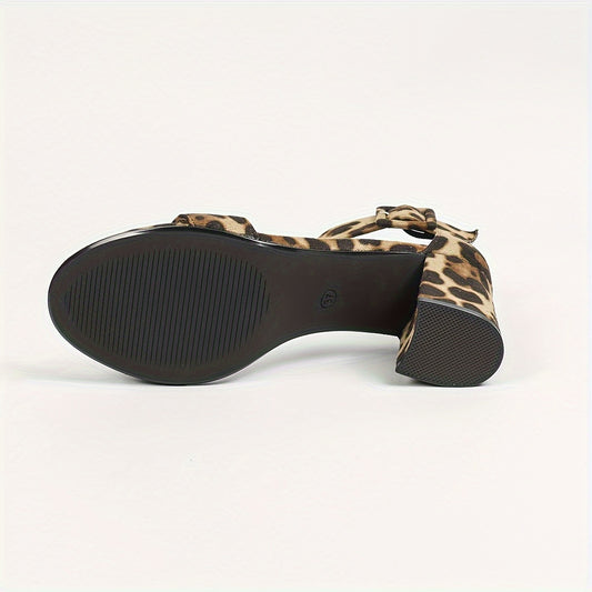 Leopard print sandals with ankle straps, chunky heels for walking, perfect for summer vacation.