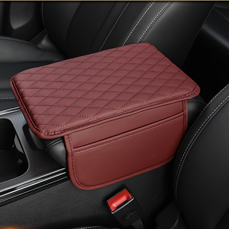 Red PU Leather Car Armrest Pad with Quilted Design, Elbow Support, Storage Pocket, and Scratch-Resistant Protective Cushion for Comfortable Driving.