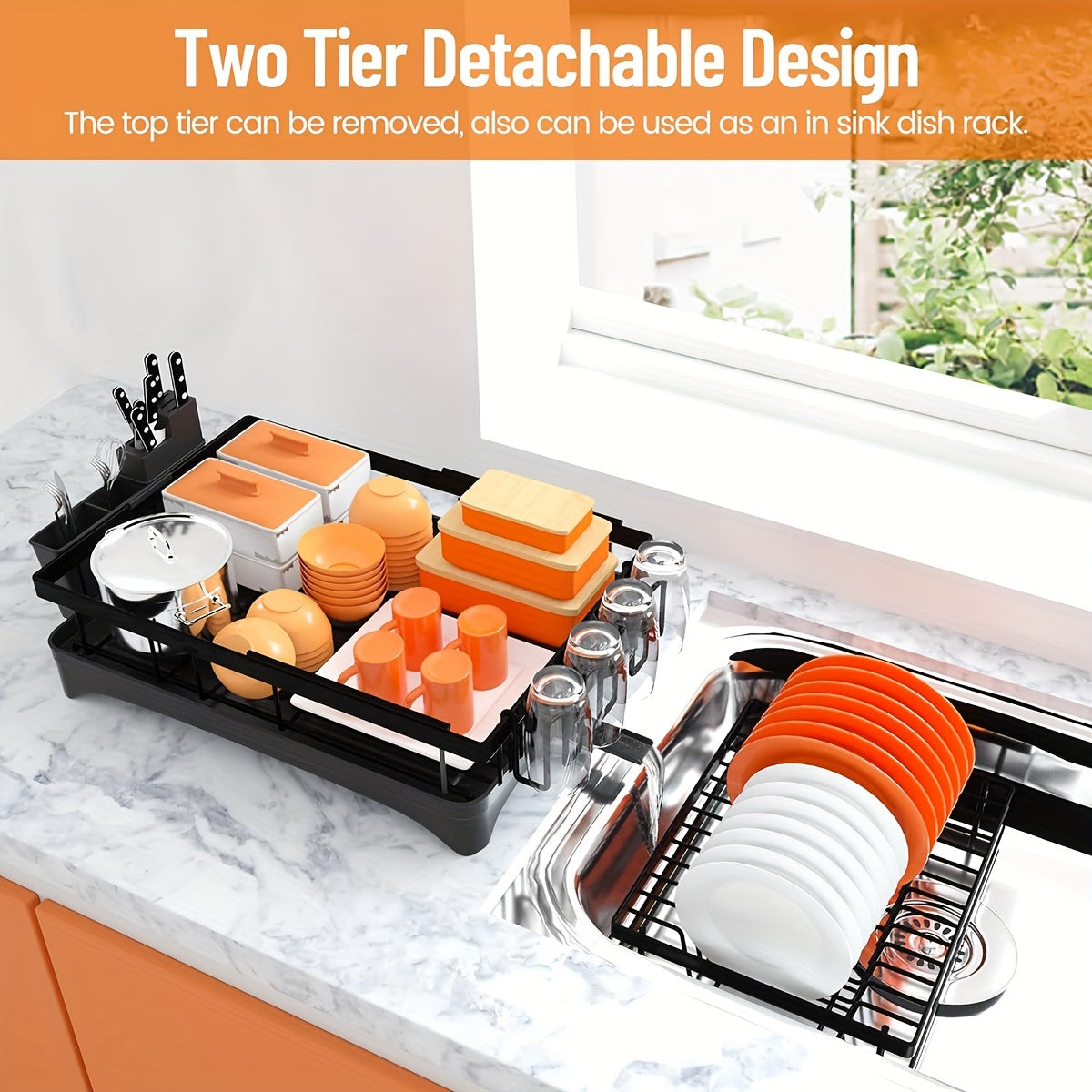 Black double-layer detachable kitchen draining rack for household use. Features water guide pipe, bowl and chopstick holder, knife and fork holder, water cup and plate storage.