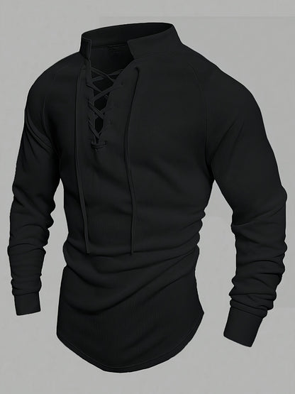 Men's casual stand collar lace-up neck t-shirt made of polyester blend knit fabric with medium stretch in a solid color, regular fit for spring/fall.