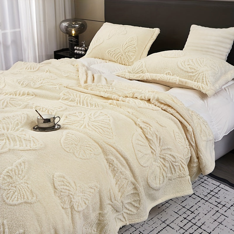 Elegant White Taffeta Butterfly Jacquard Throw Blanket - Luxuriously Soft, Warm, and Cozy for Couch, Bed, Office, and Travel - Versatile All-Season Gift in Solid Multifunctional Color