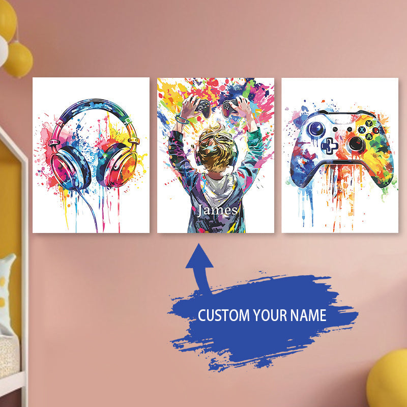 Customized set of 3 gamer-themed wall art pieces - Personalized with your name on canvas prints for children's rooms, nurseries, and dining areas - Available in a variety of colors including white