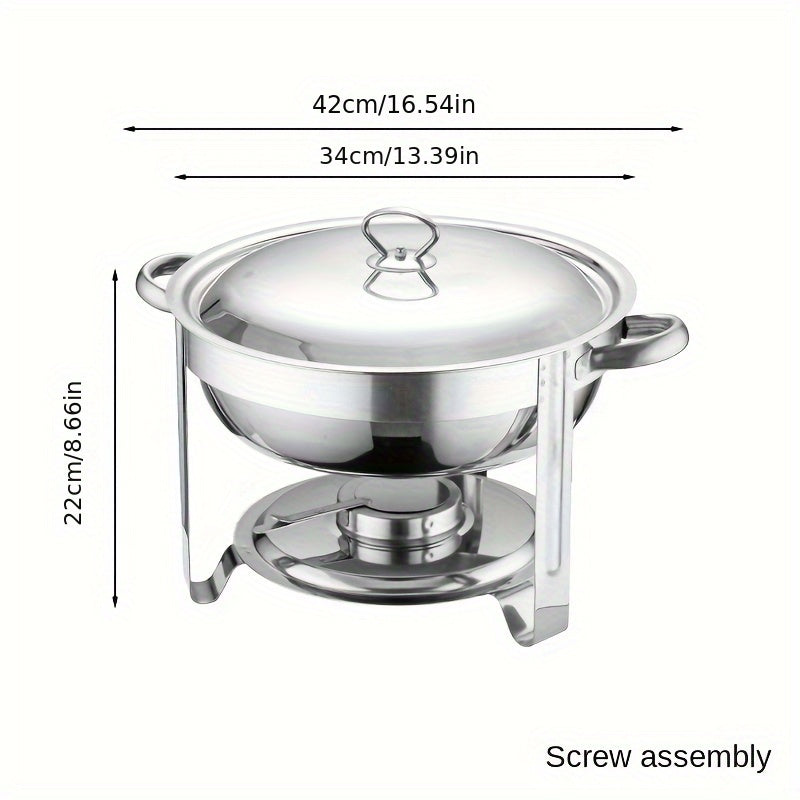 Upgrade your kitchen or catering setup with this 4.5L round stainless steel chafing dish buffet set. Perfect for parties, banquets, and other events, this set includes a tray, pan, lid, and stand for all your serving needs. Get your business supplies and