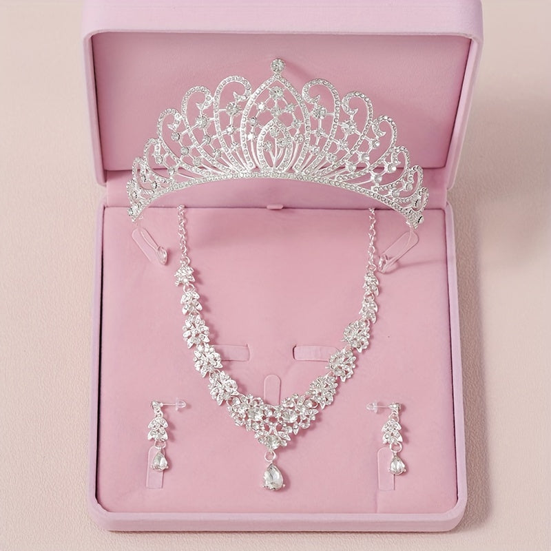 Exquisite Three-Piece Bridal Wedding Crown Set with Necklace and Earrings - Perfect Wedding Party Accessories