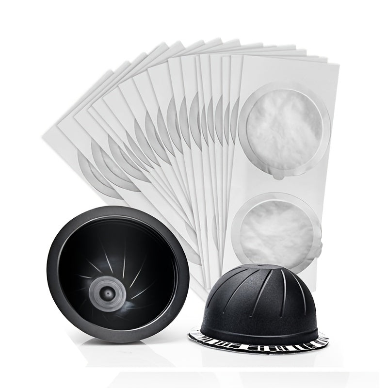 Disposable refillable capsules pods lids with aluminum seals stickers, perfect for Nespresso Vertuo Plus automatic coffee cafe machine maker, measuring 59mm in diameter.