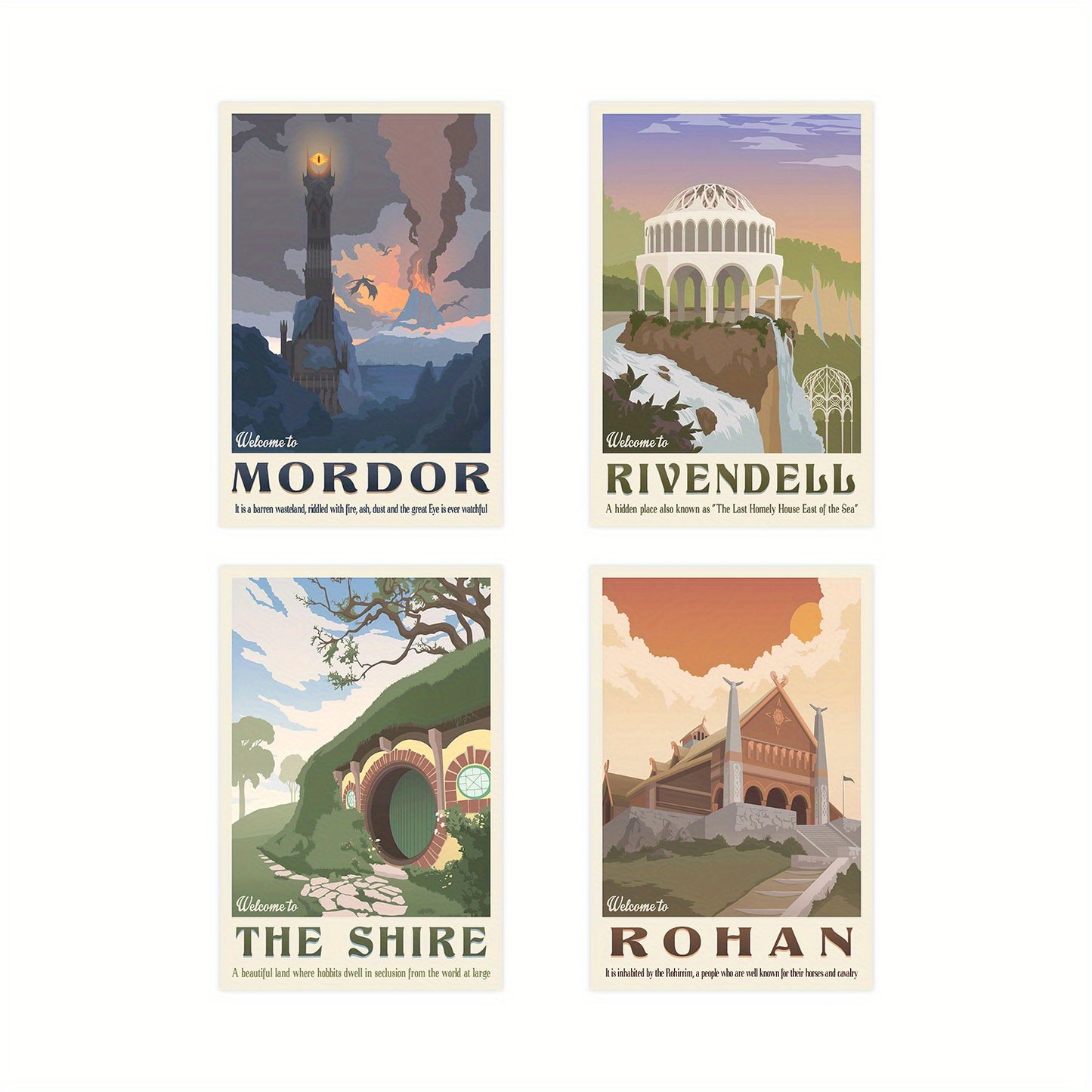 Set of 4 Middle Earth landscape canvas paintings, perfect for decorating any room without the need for frames