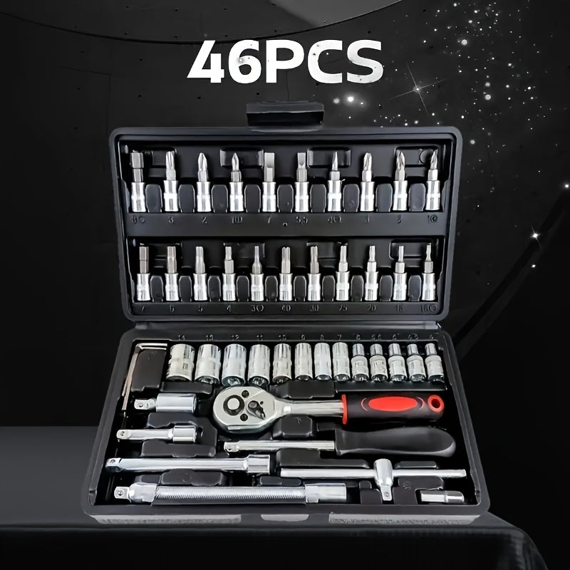 46pcs Ratchet Wrench Set made of durable Chrome-Vanadium Steel with Telescopic Extension Rod. Suitable for automotive and home repairs. Comes with premium storage box, uncharged and no