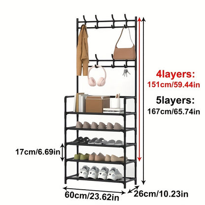 Elegant metal hall tree with coat and shoe rack, hooks, and multi-purpose organizer in black/white.