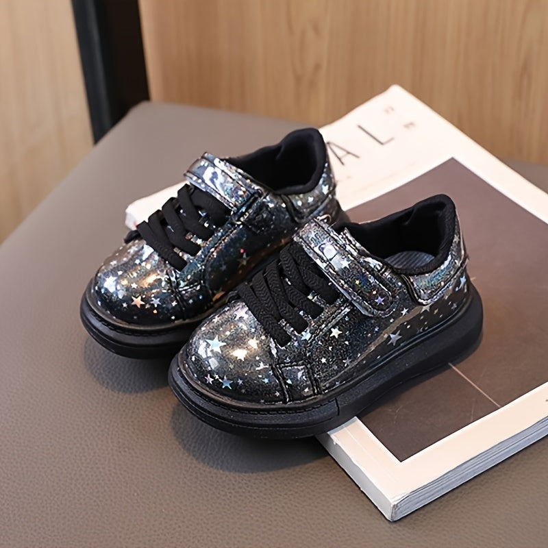 Children's glittery sequin sneakers with hook-and-loop strap, made from durable materials for any season.