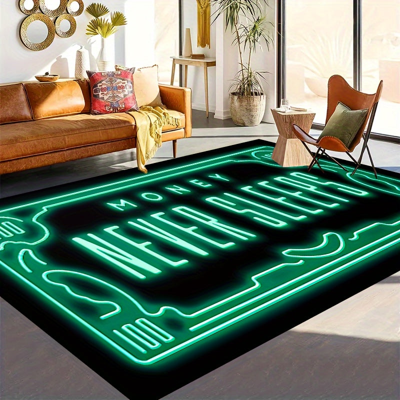 Money Never Sleeps Rug: This non-slip resistant mat features a print design and is machine washable and waterproof, making it perfect for use in the living room, bedroom, nursery, patio, garden, or yard. Enhance your home decor with this versatile rug.