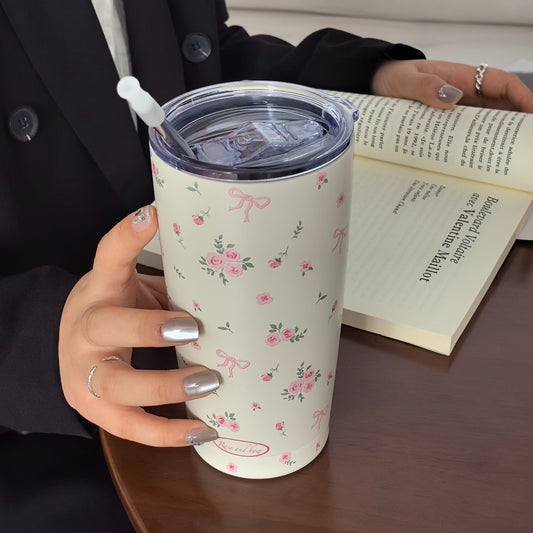 Stainless Steel Insulated Mug with Rose Floral Butterfly Knot Design, Double-Wall Travel Tumbler for Hot and Cold Beverages, Perfect for Fitness & Outdoor Sports. Great for Coffee on the go, Ideal for Graduation, Birthday & Holiday Gifts. Reusable and