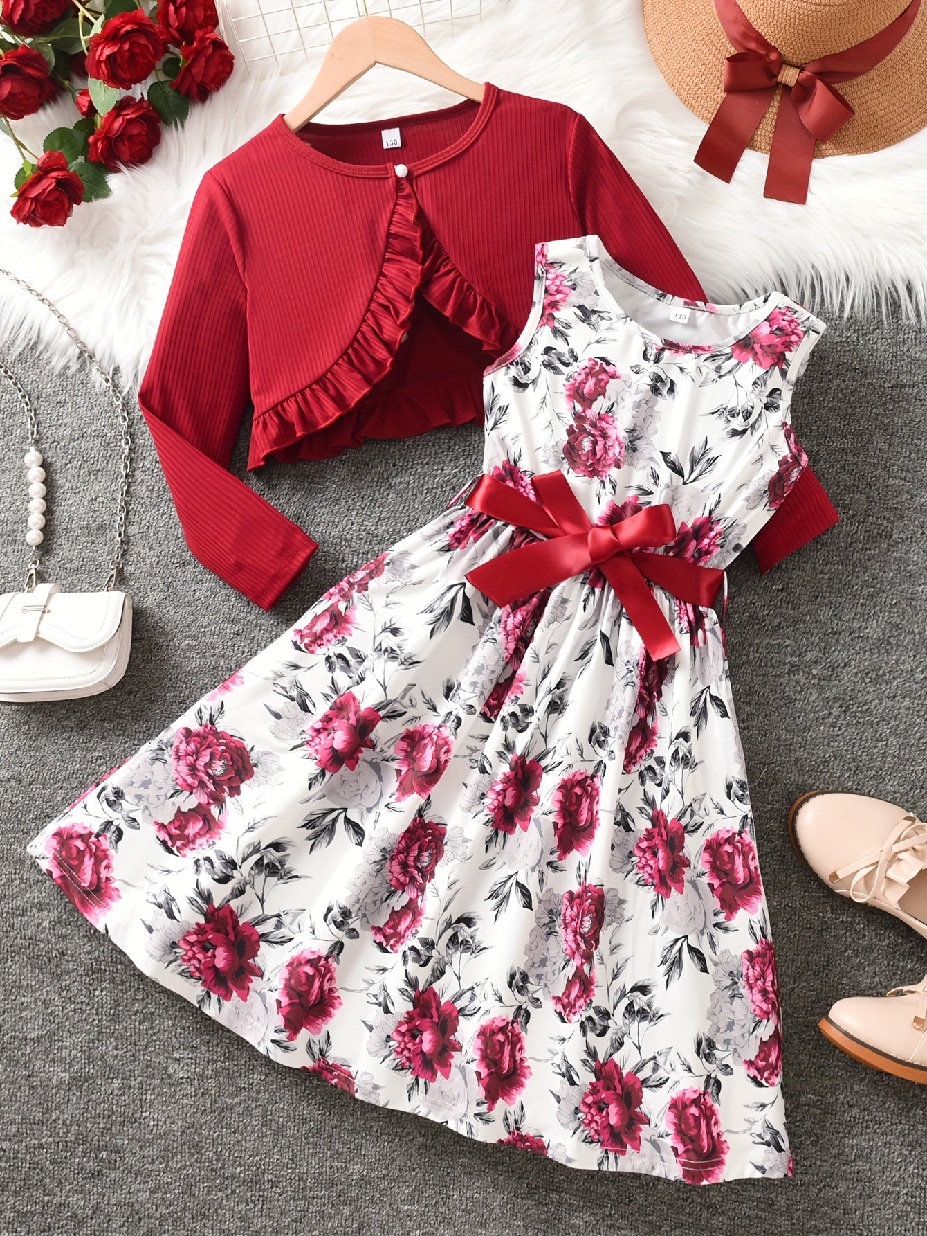 Girls' fashionable 2-piece set includes pleated lace-edged cardigan top and floral dress, perfect for casual wear in spring/autumn, ideal as a gift.