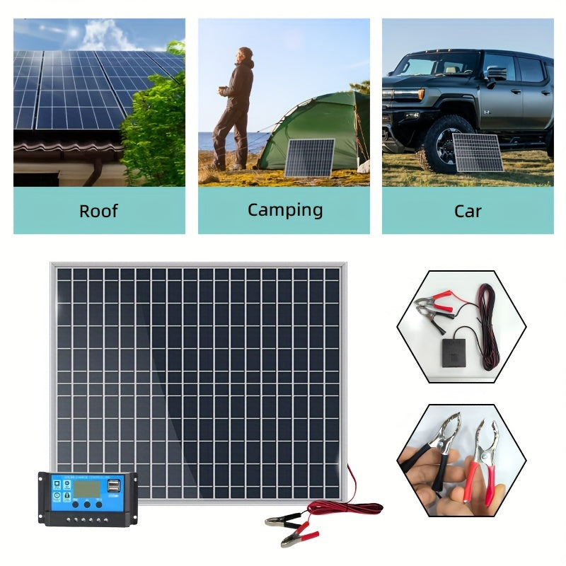 Portable solar panel kit with various controller options for charging a variety of devices and equipment including power banks, vehicles, phones, surveillance systems, and pet houses. Can