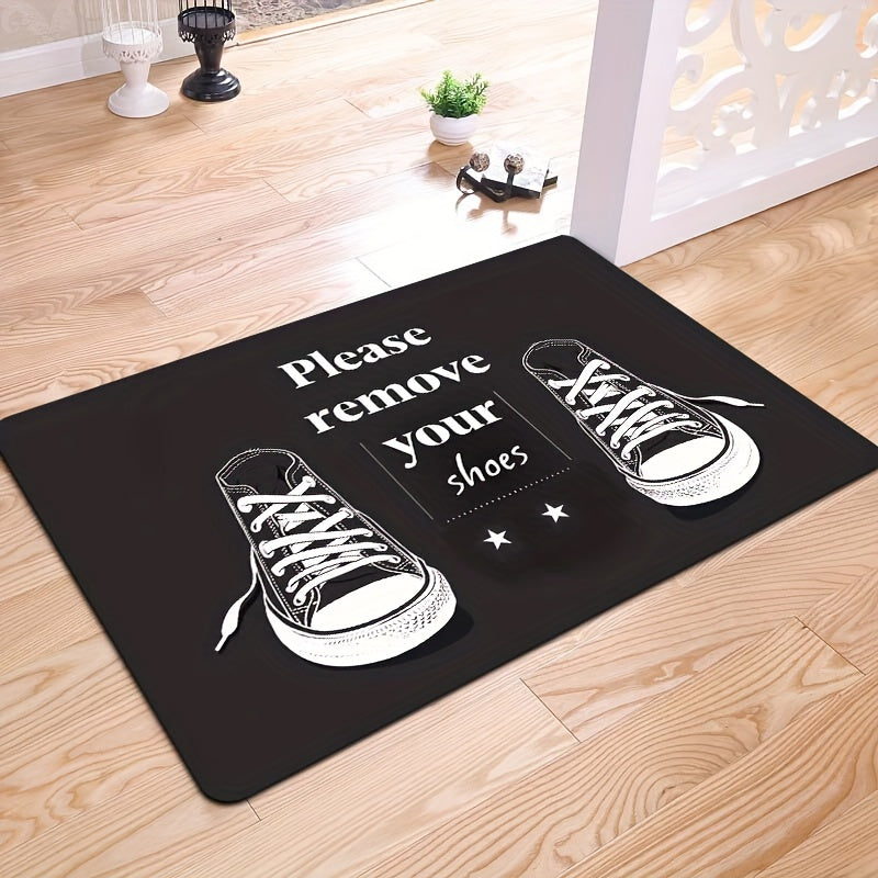 Polyester doormat set with 'Please Remove Your Shoes' design, machine washable and featuring non-slip PVC backing. Ideal for use in the laundry room, bathroom, kitchen, living room, or bedroom. Perfect for adding indoor home decor to your space.