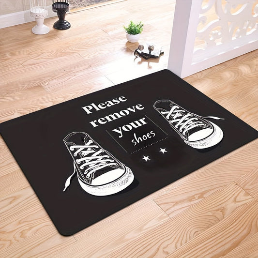 Polyester doormat set with 'Please Remove Your Shoes' design, machine washable and featuring non-slip PVC backing. Ideal for use in the laundry room, bathroom, kitchen, living room, or bedroom. Perfect for adding indoor home decor to your space.