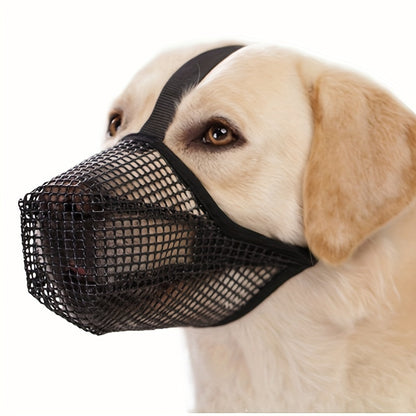 Breathable and adjustable black mesh dog muzzle for small to large breeds. XS-XL sizes prevent biting and chewing.