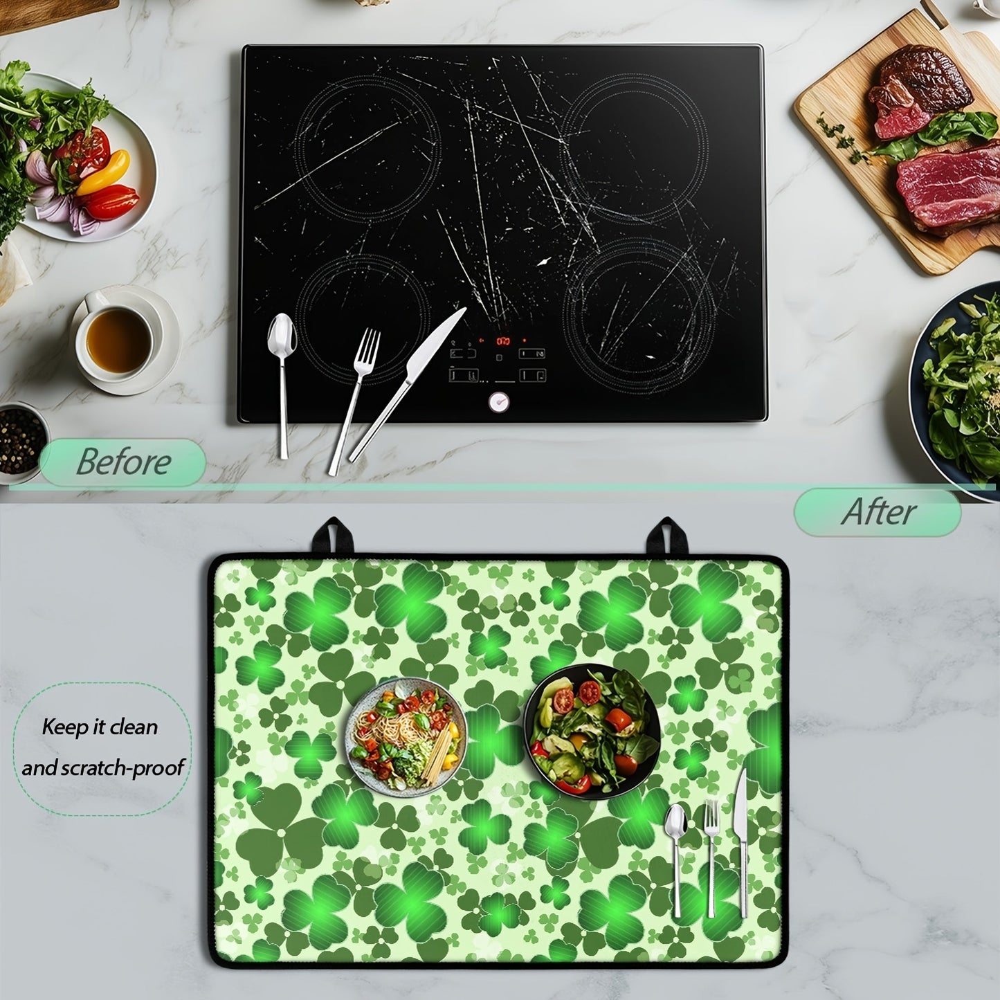 Heat-resistant non-slip stove cover featuring a St. Patrick's Day clover and green hat design. This glass ceramic protector includes a rubber guard and scratch-proof coffee mat, perfect for protecting your kitchen countertop space. It can also be used as