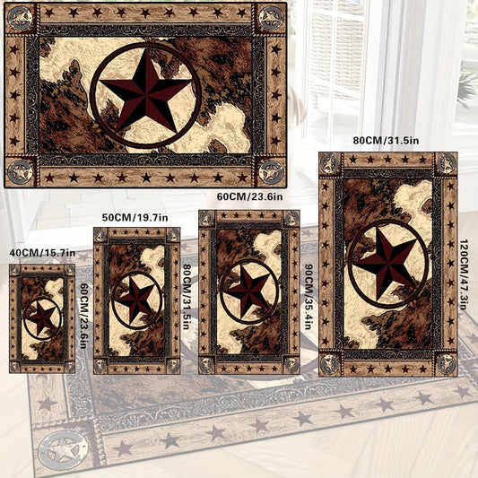 Wooden Box Design Door Mat featuring a pentagram design, made with non-slip polyester material. This machine washable indoor floor mat is perfect for bedrooms, room decor, photo props, and can also be used outdoors.