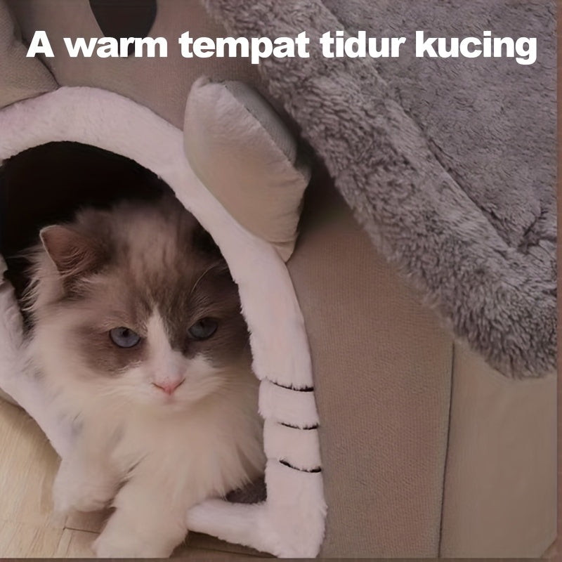 Foldable cat bed that is removable and washable, suitable for indoor use.