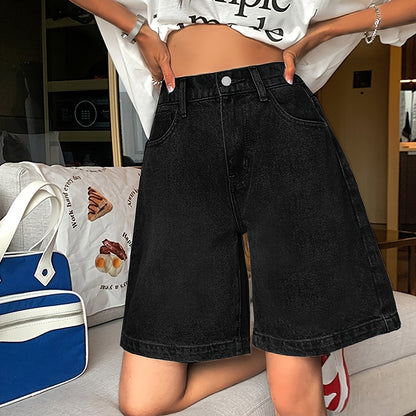 Summer high-waisted denim pants with elastic waist and wide-leg design for versatile styling.