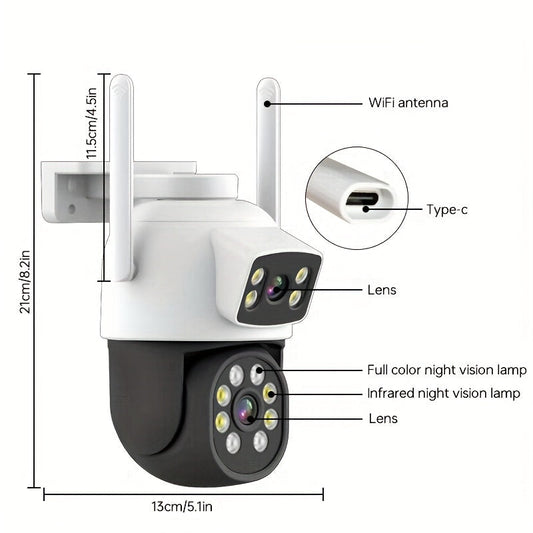 Zhxinsd Dual Lens Outdoor Security Camera 360° Pan Tilt, 2MP+2MP rezolyutsiyali Rangli Tungi Ko‘rish, Harakatni Aniqlash, 2-Tomonga Ovoz, WiFi ulanishi (2.4G/5GHz) va USB quvvat variantiga ega.