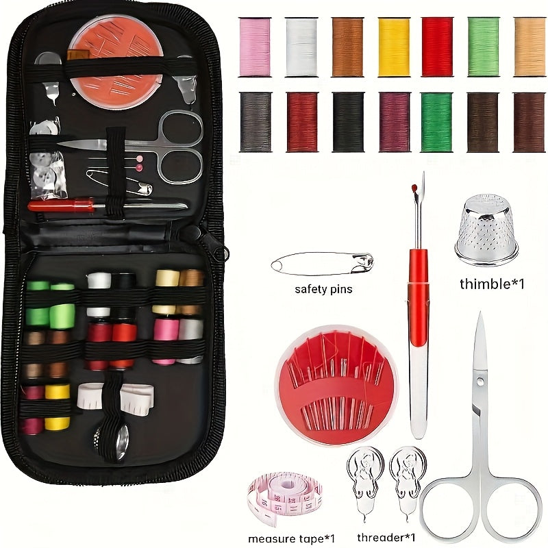 27-piece portable sewing kit with vibrant threads, needles, and essentials for home, office, or travel.