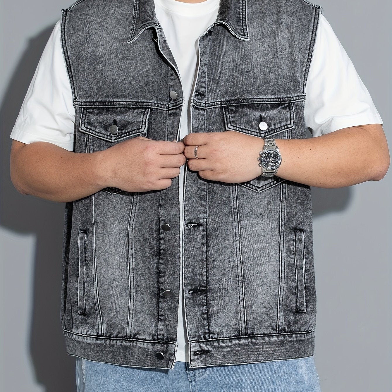 Men's sleeveless denim vest with flap pockets, button closure, lapel collar. Machine washable. Ideal for spring/summer/fall. Plus size.