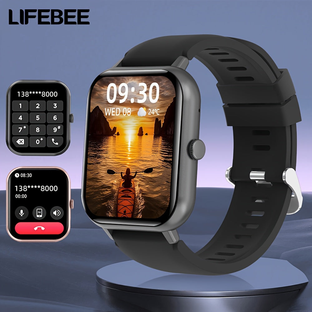 LifeBee Smartwatch: Full screen, call function, 100+ exercise modes, pedometer, calorie tracker, rechargeable, black & pink colors.