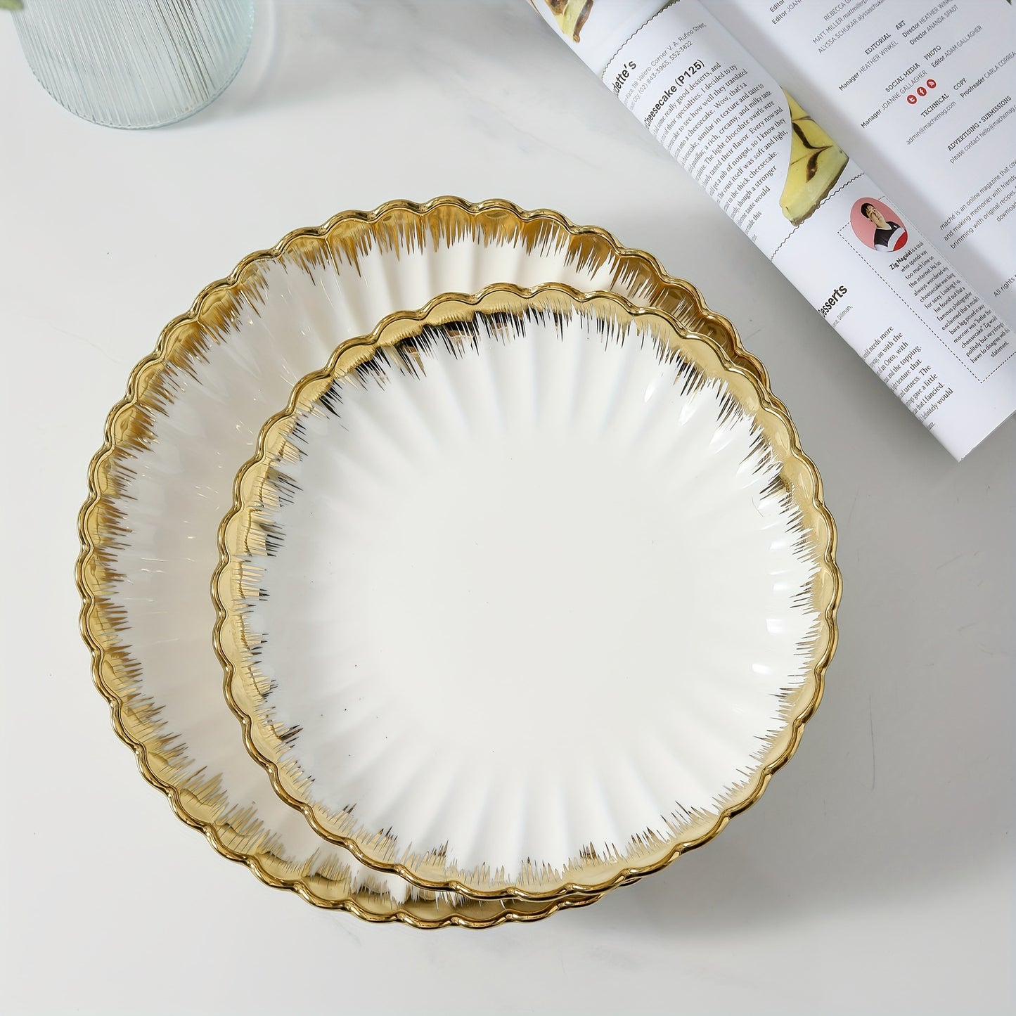 Set of 4 ceramic plates with golden rim, perfect for pasta, salads, and desserts. Dishwasher safe, ideal for home, dorms, and restaurants. Great housewarming gift.