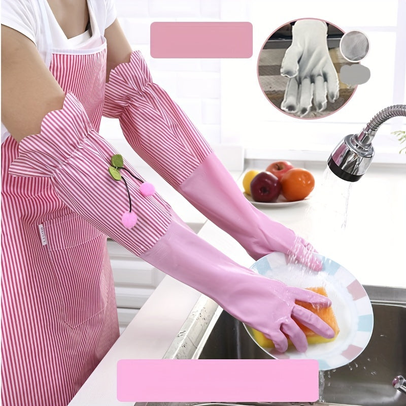 1 pair of long thermal gloves for winter, featuring plus velvet lining for extra warmth. These versatile gloves can be used for household cleaning, dishwashing in the kitchen, and other housework tasks. Waterproof and non-slip, they are durable enough