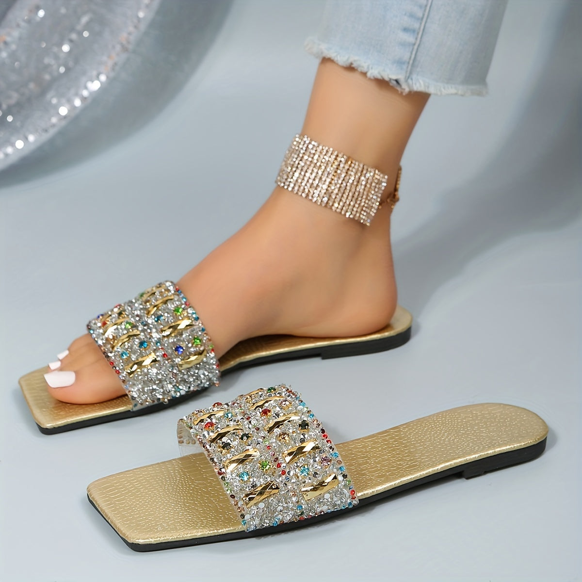 Women's Rhinestone Slide Sandals with Square Toe and Flat Sole