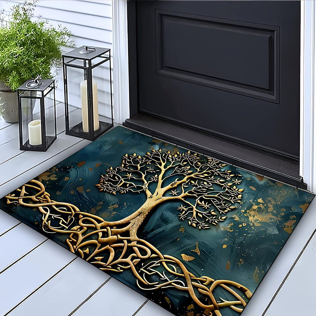 Life Tree Pattern Welcome Mat made of crystal velvet fabric with silicone backing, 1000g/m², non-slip washable rectangular entry rug for home, garden, patio, laundry, bathroom decor. Hand