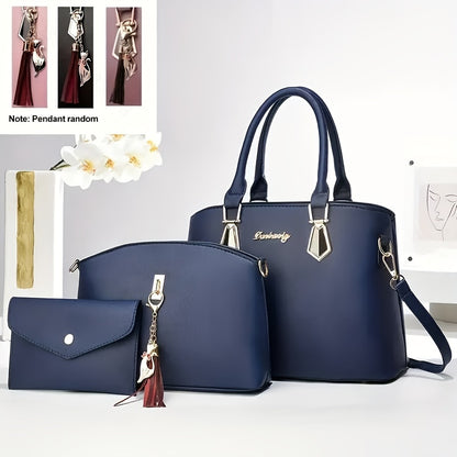 Women's elegant 3-piece handbag set with flowing tassel shoulder bag, crossbody bag, and stylish PU leather tote and sling bag. Ideal gift for festivals and work.