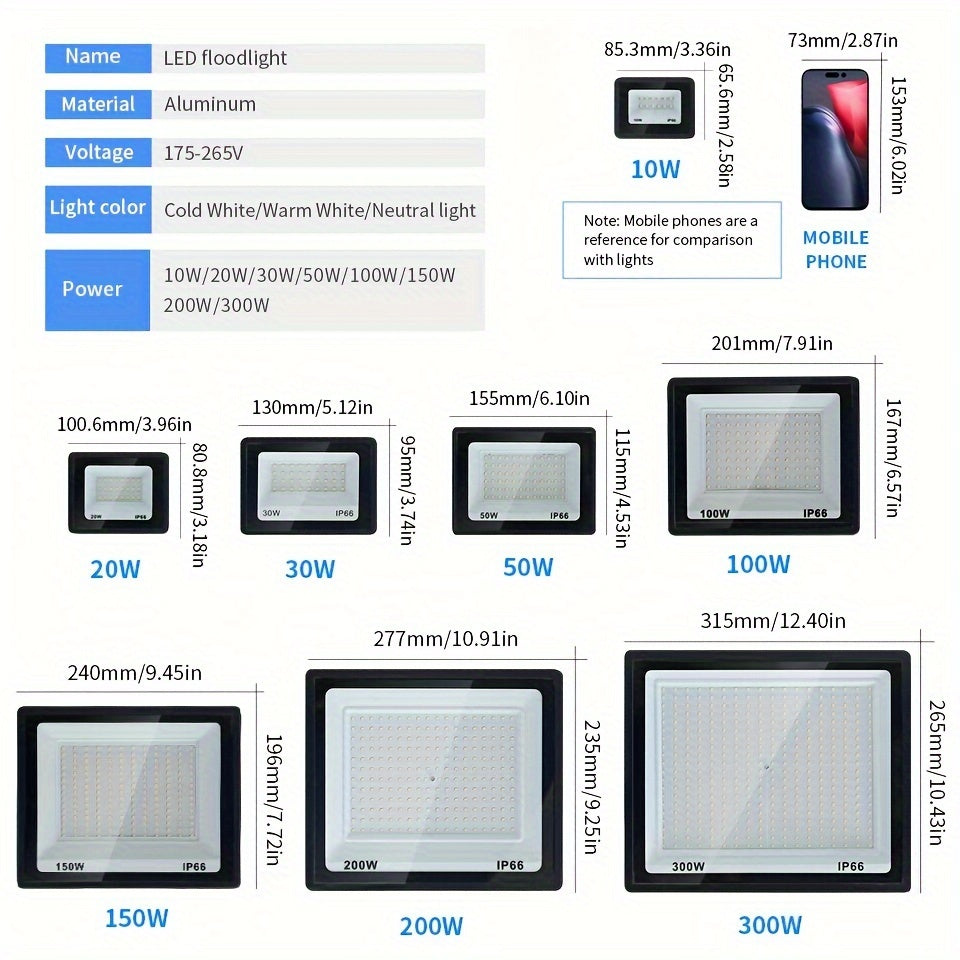 Aluminum LED floodlight suitable for outdoor use, ranging from 10-300W. Ideal for garden or playground lighting.