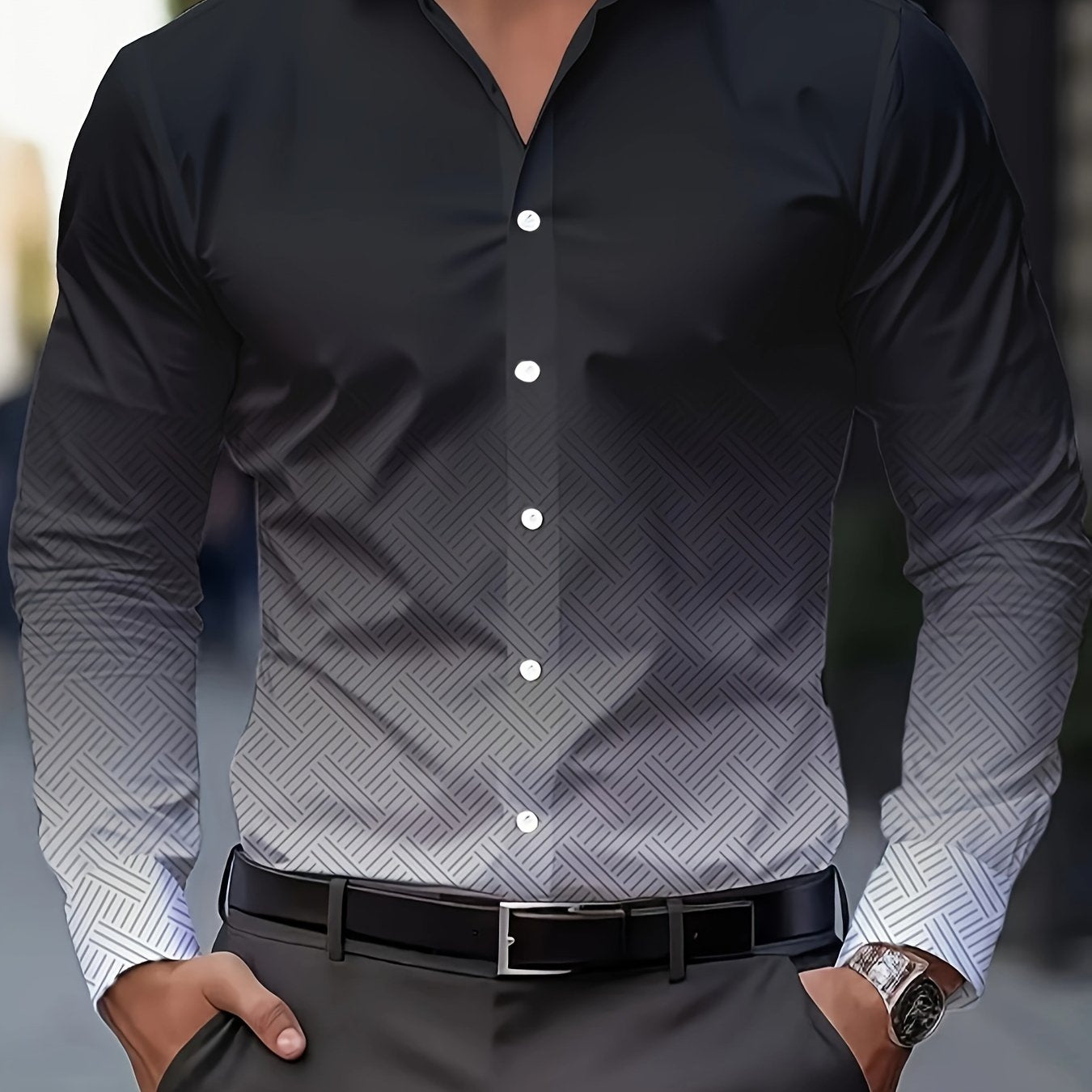 Fashionable men's long sleeve shirt with breathable polyester and unique print design, perfect for spring and fall.