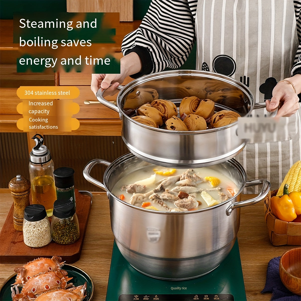 This multi-layer steamer set is made of high-quality stainless steel and comes with 2 or 3 layers, offering a large capacity for all your cooking needs. With a thick bottom, it is suitable for use on both induction cookers and gas stoves. Made from