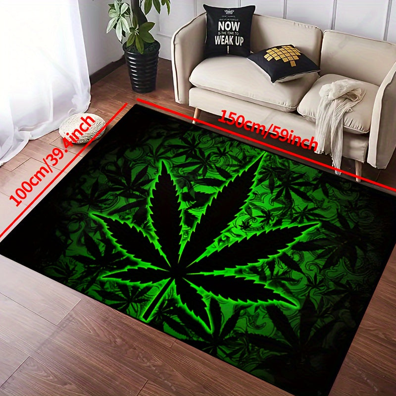 Illuminate your space with Black Background Fluorescent Marijuana Leaves this Halloween with our 1000g/m² Thick Felt Rug. Available in various sizes (15x23/19x31/31x47/39x59/47x63/63x78inches), this machine washable polyester rug is suitable for both